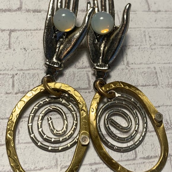 Brass Silver Pewter Moonstone Hand Goddess Earring - Picture 2 of 4